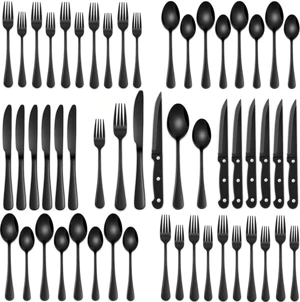 24/48 Pieces Black Stainless Steel Silverware Sets With Steak Knives Service For 8,Includes Knife Spoon And Fork Eating Utensils Set For Kitchen,Flatware Sets For Hotel And Restaurant