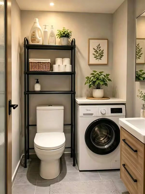 [Over The Toilet Storage Cabinet] No Drill 3-Tier Over Toilet Bathroom Organizer Metal Thickened PP Storage Rack Rustproof Space Saver For Small Bathroom Apartment Laundry Holds Towels Toiletries Black White 1pc